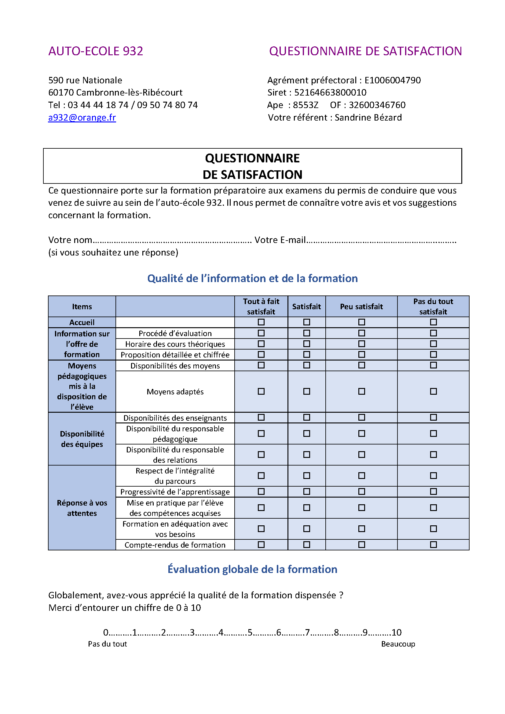 QUESTIONNAIRE DE SATISFACTION